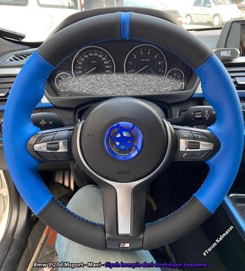 Bmw 3.20D Araca Özel Direksiyon Kılıfı (Nubuk Mavi Deri Yüzüklü)