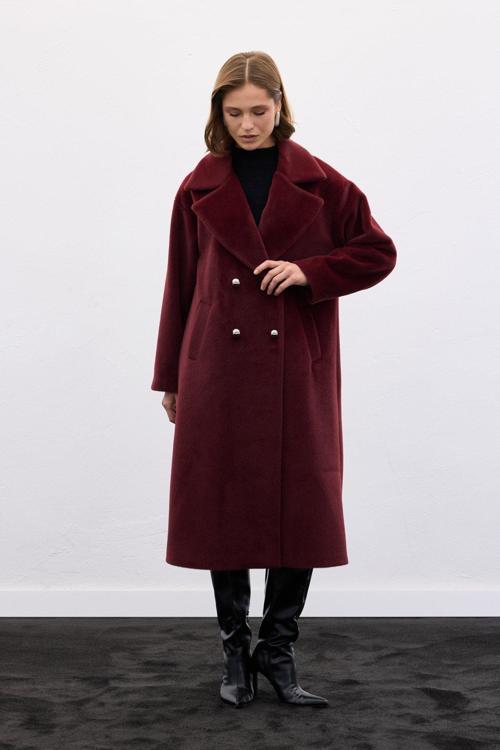 Düğme Detaylı Uzun Kaban - Bordo