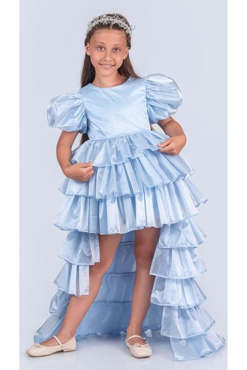 Kız Çocuk Eklenebilir Kuyruk Detaylı, Taçlı Aspendos Abiye Elbise M00758 MAVİ