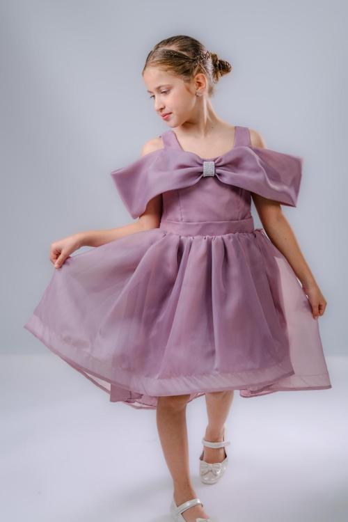 Kız Çocuk Taş Fiyonklu İsalon Elbise M00763 MÜRDÜM