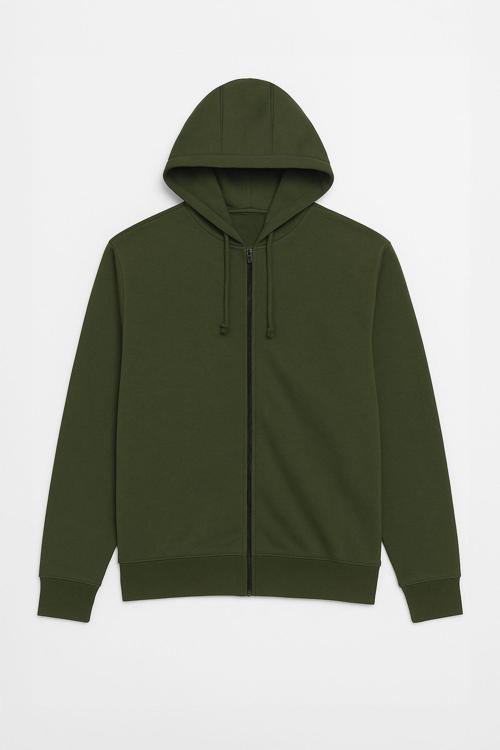 Erkek Fermuarlı Kapüşonlu İçi Polarlı Haki Sweatshirt