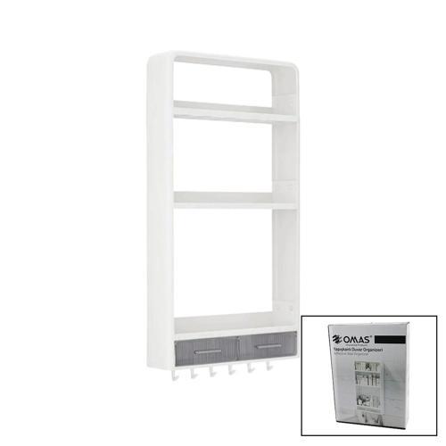 Beyaz Yapışkanlı Duvar Organizeri Plastik 3 Raf=14cm-19cm-30cm - 2 Çekmece=40cm - 6 Askı 19 Parça