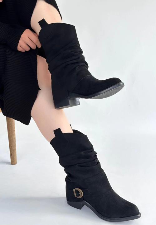 Canty Siyah Süet Körüklü Topuklu Çizme