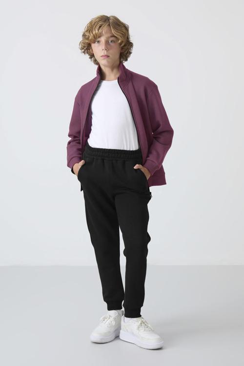 Soft Vişne-Siyah Pamuklu Kalın İçi Tüylü Standart Fit Nakışlı Erkek Çocuk Eşofman Takım - 11256