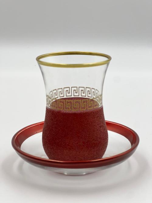 Altın Geometrik Desenli 6 Kişilik Çay Bardağı Seti Kırmızı 