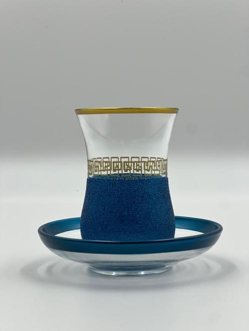 Altın Geometrik Desenli 6 Kişilik Çay Bardağı Seti Mavi