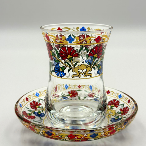 Floral Desenli İznik Çini Motifli 6 Kişilik Çay Bardağı Seti