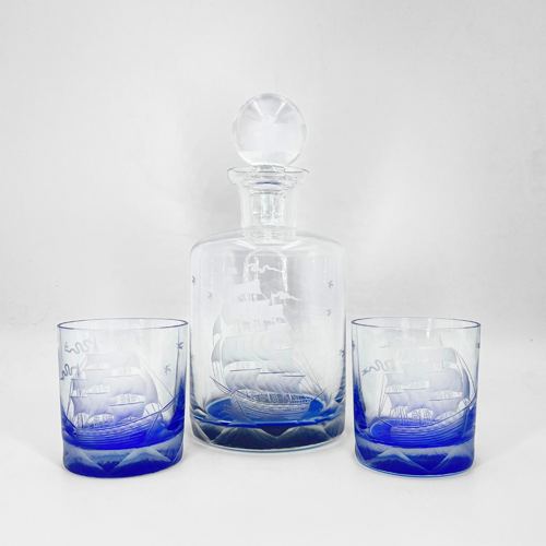  Mavi Tabanlı Gemi Desenli Karaf ve Bardak Seti