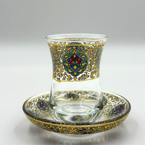 Zümrüt Yeşili Klasik Osmanlı Çini Desenli 6 Kişilik Çay Bardağı Seti