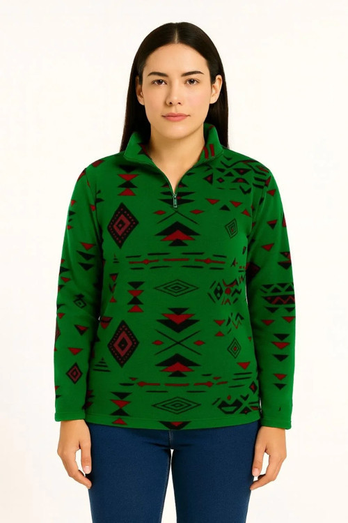 Kadın Yarım Fermuarlı Desenli Polar Sweat Tribal Etnik Desen Yakalı, Uzun Kollu, Oversize Rahat Kalı