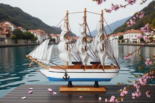 Dekoratif Ahşap El Yapımı Yelkenli Gemi Maketi Masaüstü Biblo Ev Ofis Hediyesi 40 cm. Model F