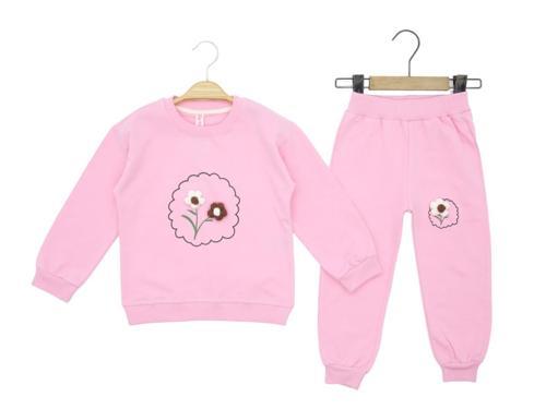 ÇİÇEK AKSESUARLI İKİ İPLİK ALT ÜST TAKIM - MYB9244-Pembe-3 Yaş Pembe