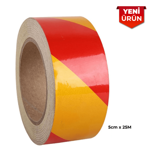 Reflektif Fosforlu Çapraz Şerit Bant, Çift Renk Reflekte İkaz Bandı 5cm x 25M