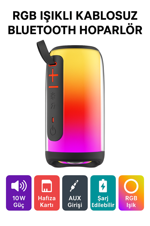 RGB Işıklı Kablosuz Bluetooth Hoparlör – 10W Güç, Hafıza Kartı ve AUX Girişli, Taşınabilir Parti Hoparlörü