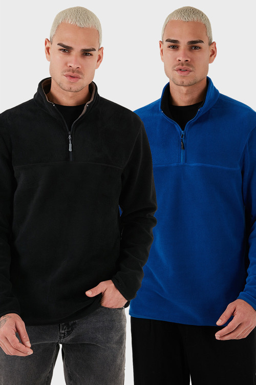 Regular Fit Anti-Pilling Tüylenme Yapmayan Dik Yaka Şardonlu 2'li Paket Erkek Polar 5896700S2 SAKS-SİYAH