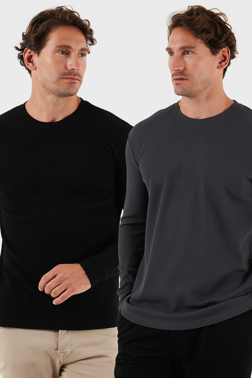 Pamuklu Bisiklet Yaka Slim Fit Basic 2'li Paket Erkek Sweat 5905073S2 ANTRASİT-SİYAH