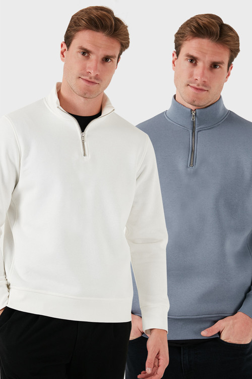 Pamuklu Regular Fit Dik Yaka 2'li Paket Erkek Sweat 59052592S2 Ekru-Koyu Gri