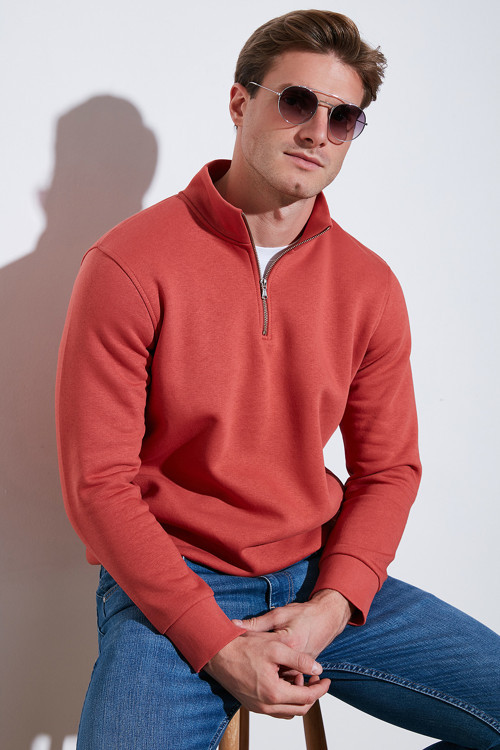Pamuklu Regular Fit Yarım Fermuarlı Dik Yaka Erkek Sweat 59052592 BAYRAK KIRMIZI