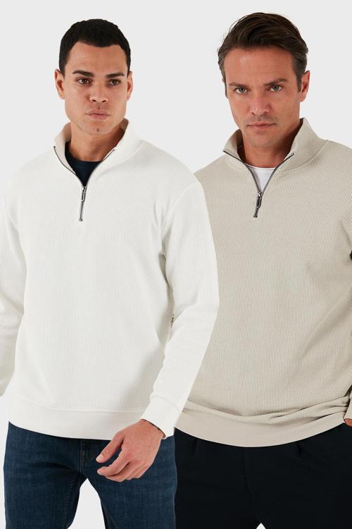 Pamuklu Regular Fit Yarım Fermuarlı Dik Yaka 2'li Paket Erkek Sweat 5905716S2 EKRU-TAŞ