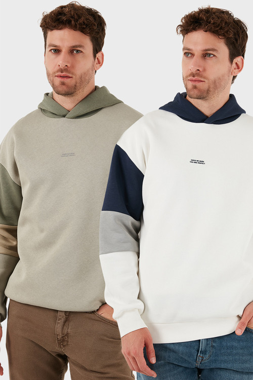 Pamuklu Relaxed Fit Kapüşonlu İçi Tüylü Yumuşak Şardonlu 2' li Paket Erkek Sweat 5905299S2 EKRU-TAŞ