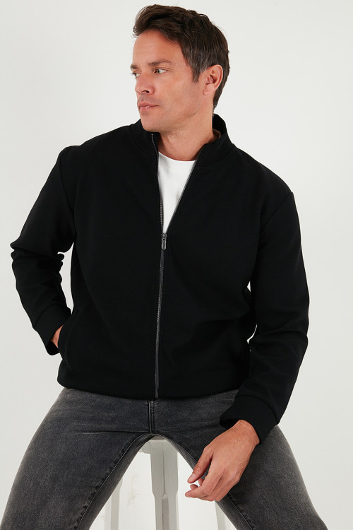 Pamuklu Regular Fit Dik Yaka Fermuarlı Erkek Hırka 5901077 SİYAH