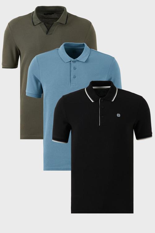 Pamuklu Regular Fit 3'lü Paket Erkek Polo Yaka T Shirt 59029641827S3 Haki-Siyah-Beyaz-Mavi