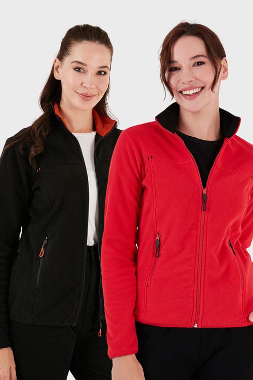 Slim Fit Anti-Pilling Tüylenme Yapmayan Fermuarlı Cepli Hırka 2' li Paket Bayan Polar 5907002S2 KIRMIZI-SİYAH