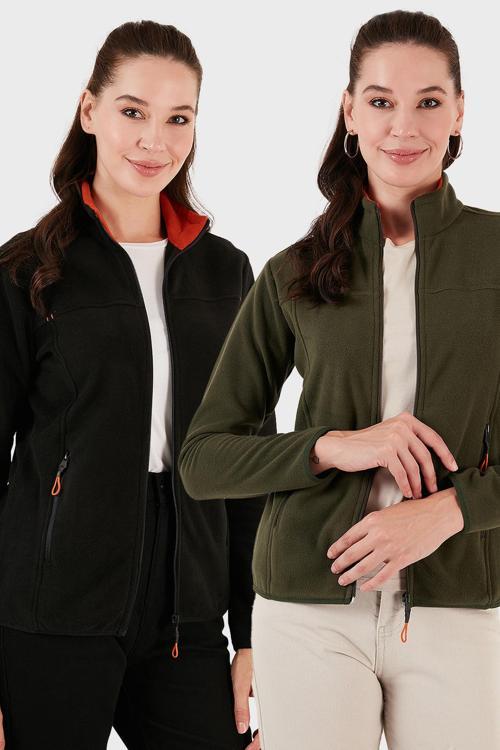 Slim Fit Anti-Pilling Tüylenme Yapmayan Fermuarlı Cepli Hırka 2' li Paket Bayan Polar 5907002S2 HAKİ-SİYAH