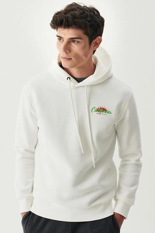 Pamuklu Regular Fit Sırt Baskılı Kapüşonlu Erkek Sweat L222695 102 BEYAZ