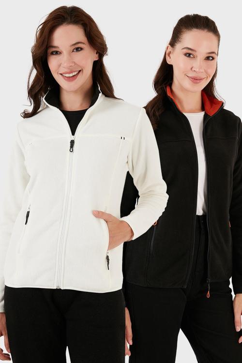 Slim Fit Anti-Pilling Tüylenme Yapmayan Fermuarlı Cepli Hırka 2' li Paket Bayan Polar 5907002S2 EKRU-SİYAH