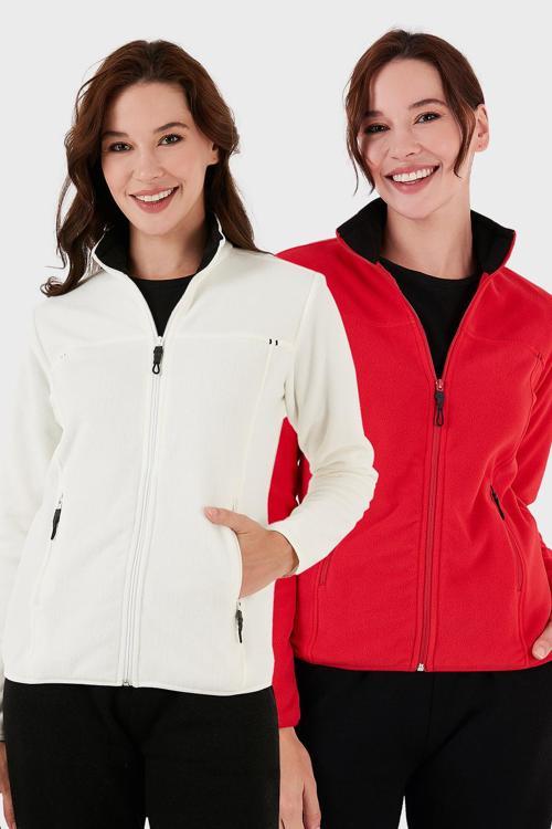 Slim Fit Anti-Pilling Tüylenme Yapmayan Fermuarlı Cepli Hırka 2' li Paket Bayan Polar 5907002S2 EKRU-KIRMIZI