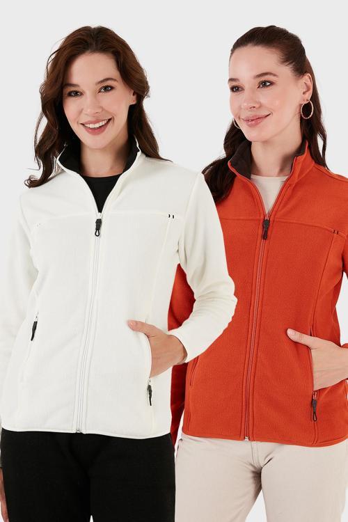 Slim Fit Anti-Pilling Tüylenme Yapmayan Fermuarlı Cepli Hırka 2' li Paket Bayan Polar 5907002S2 EKRU-ORANGE