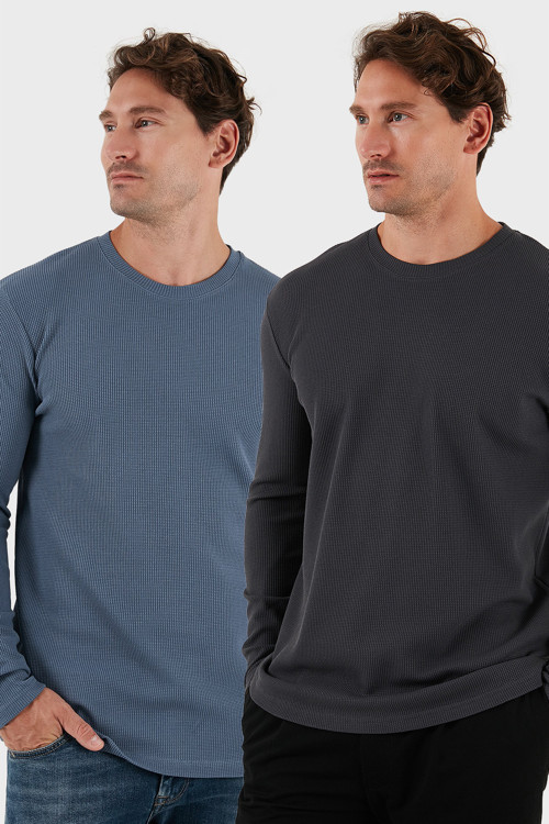 Pamuklu Bisiklet Yaka Slim Fit Basic 2'li Paket Erkek Sweat 5905073S2 ANTRASİT-KOYU GRİ