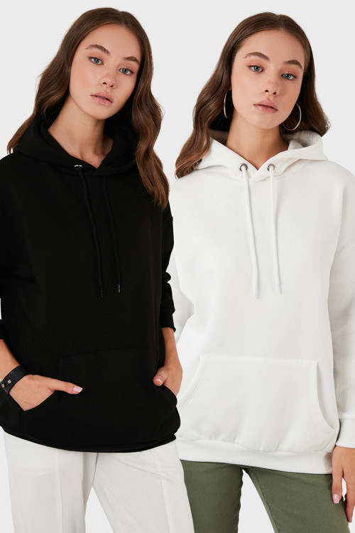 Regular Fit Pamuklu Kapüşonlu Yaka Şardonlu Kışlık 2'li Paket Bayan Sweat 5863854S2 EKRU-SİYAH