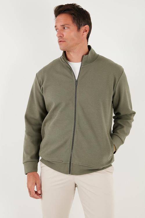 Pamuklu Regular Fit Dik Yaka Fermuarlı Erkek Hırka 5901077 HAKİ