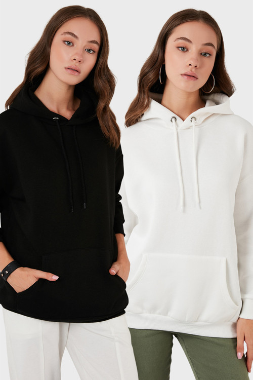 Regular Fit Pamuklu Kapüşonlu Yaka Şardonlu Kışlık 2'li Paket Bayan Sweat 5863854S2 EKRU-SİYAH