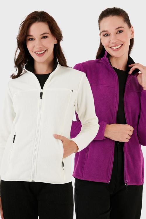 Slim Fit Anti-Pilling Tüylenme Yapmayan Fermuarlı Cepli Hırka 2' li Paket Bayan Polar 5907002S2 EKRU-MOR