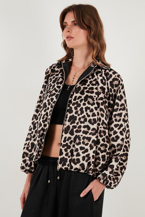 Oversize Klasik Yaka Yarasa Kol Fermuarlı Bomber Bayan Ceket 6839636 LEOPAR