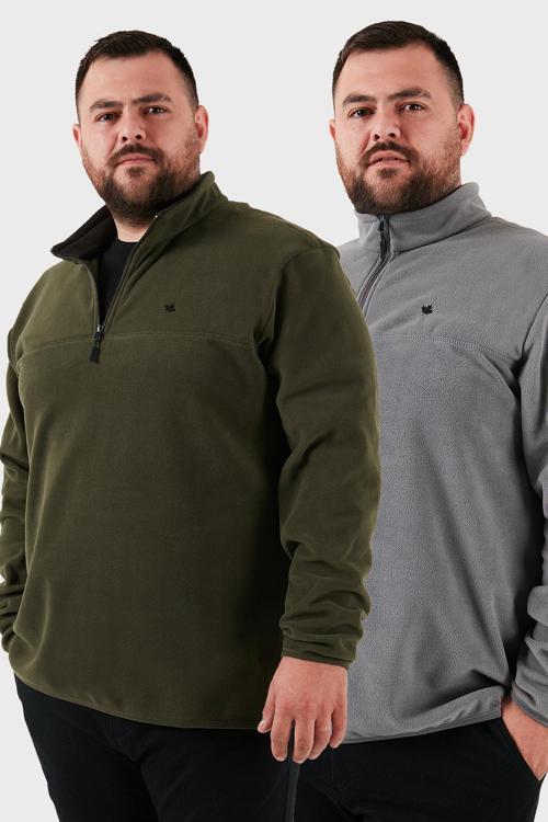 Regular Fit Anti-Pilling Büyük Beden Dik Yaka Kışlık Şardonlu 2'li Paket Erkek Polar 5906001BS2 GRİ-HAKİ