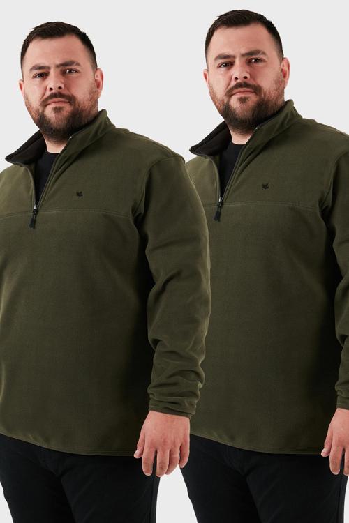 Regular Fit Anti-Pilling Büyük Beden Dik Yaka Kışlık Şardonlu 2'li Paket Erkek Polar 5906001BS2 Haki-Haki