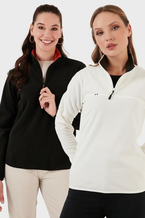 Slim Fit Yumuşak Dokulu Anti-Pilling Tüylenme Yapmayan 2'li Paket Bayan Polar 5907000S2 EKRU-SİYAH