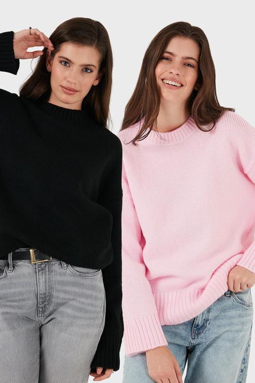 Regular Fit Bisiklet Yaka Basic 2'li Paket Triko Bayan Kazak 4616213S2 SİYAH-TOZ PEMBE