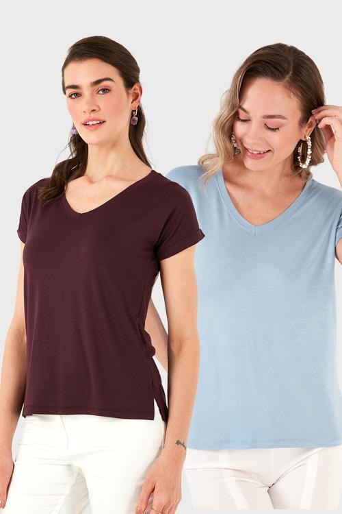 V Yaka Relaxed Fit Yırtmaç Detaylı 2'li Paket Bayan Bluz 5862000S2 BEBE MAVİ-VİŞNE
