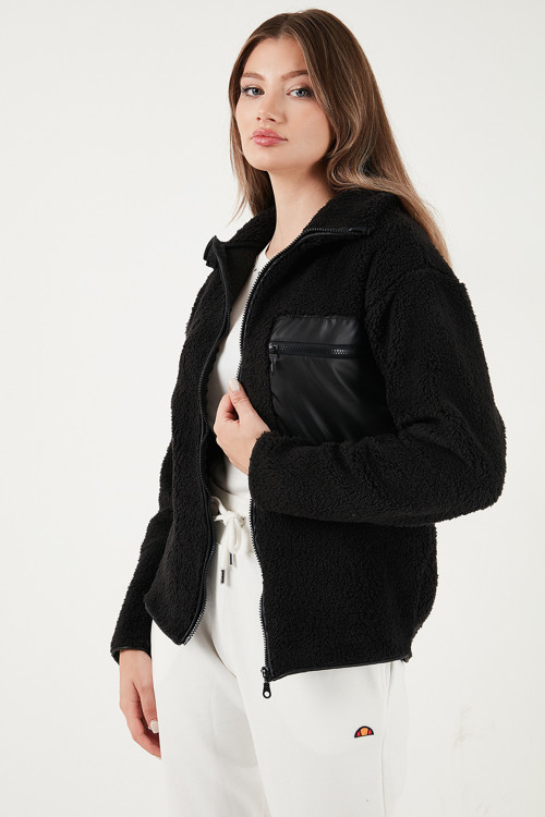 Regular Fit Klasik Yaka Göğüs Cep Detaylı Peluş Hırka Bayan Polar 5866437 SİYAH