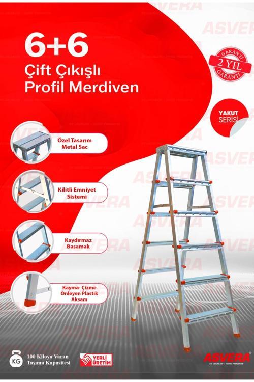 Yakut Serisi - 6+6 Basamaklı Çift Çıkışlı Galvanizli Profil Merdiven (Ev, bahçe, işyeri için uygun)