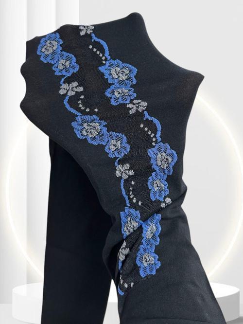 Ange 70 Den Siyah Mavi Çiçek Nakışlı Şık Külotlu Çorap