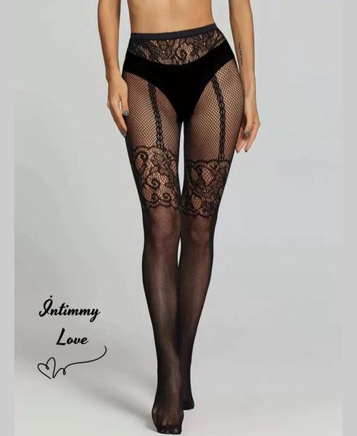 Kadın Fileli Jartiyer Görünümlü Desenli Çorap