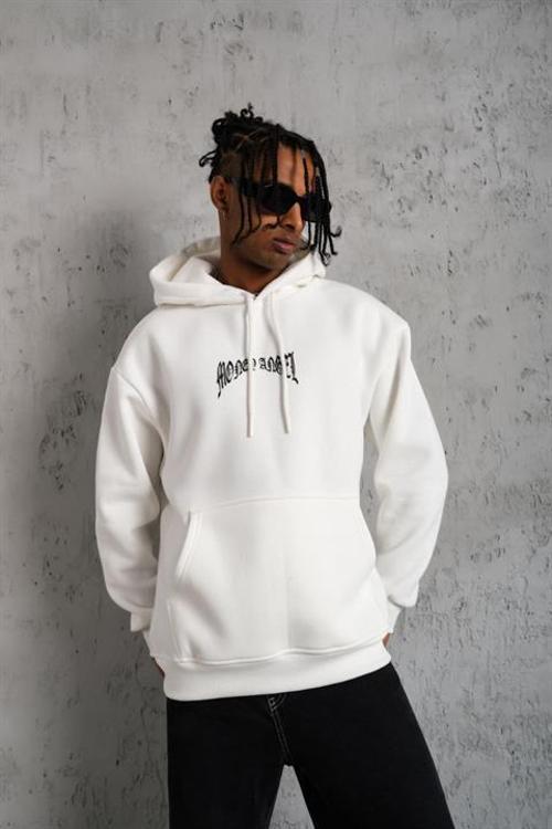 Kordon İpli Baskılı Kapüşonlu Beyaz Sweat - Sweatshirt