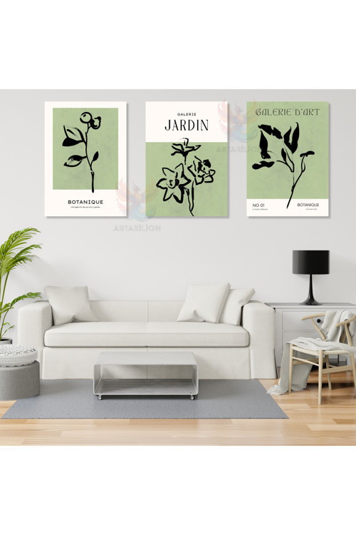 3'lü Set Kanvas Tablo Minimalist Yeşil Siyah Botanik Oturma Odası Tablosu Bohemian Kanvas Tablo