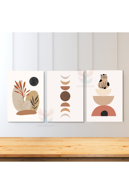 3'lü Set Kanvas Tablo Minimalist Boho Ay Kedi ve Yapraklar Duvar Tablosu Salon Tablosu Kanvas Tablo